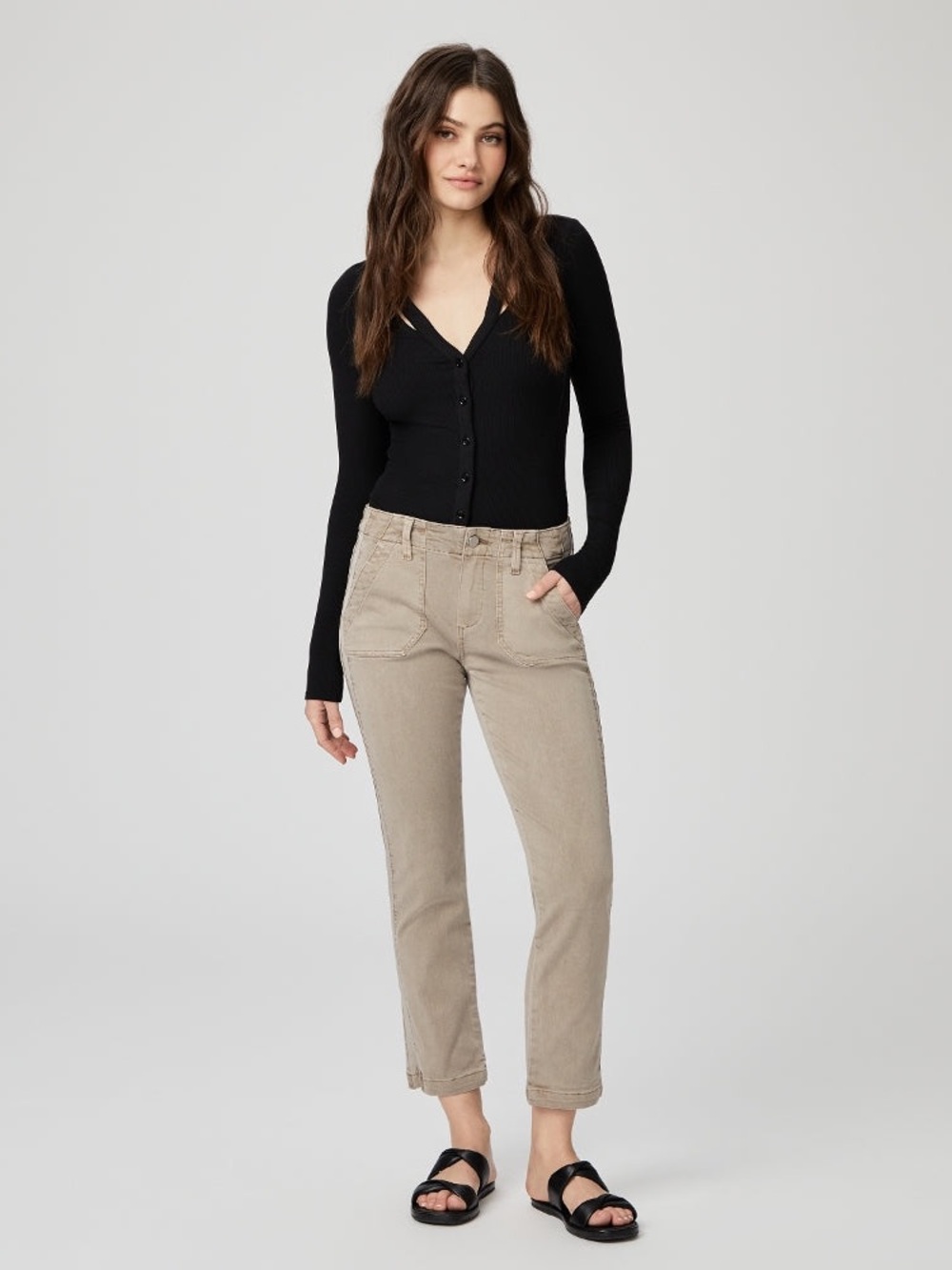 PAIGE Mayslie Straight Jeans Vintage Moss Taupe Side Stripe Size 30